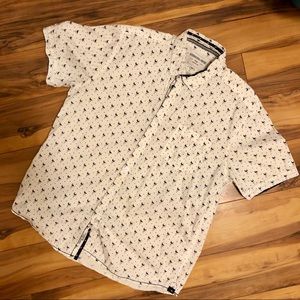 White flamingo pattern tropical button down